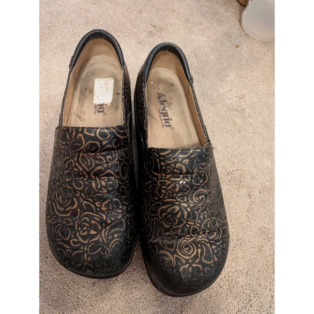 Alegria KEL-548 Black Bronze Rose‎ Leather Clogs Shoes Womens 40 EU 9-9.5 US